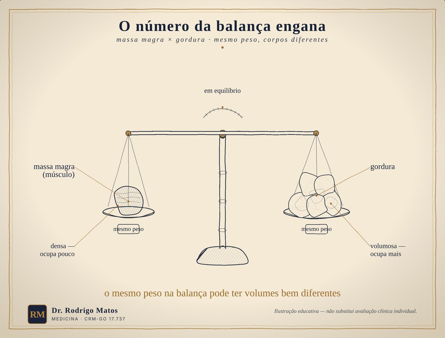 Balança de dois pratos comparando massa magra densa e gordura volumosa de mesmo peso